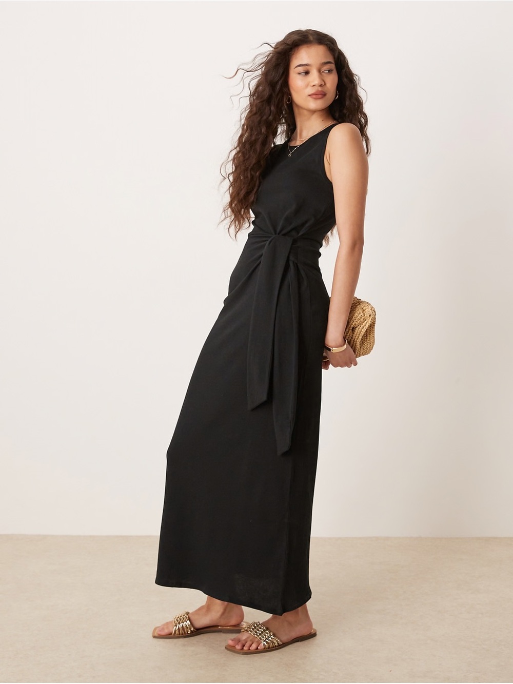 Mango Sleeveless Black Tie-Waist Maxi Dress